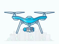 a blue and white image of a camera flying in the air with buildings behind it