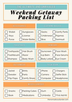 Ultimate Weekend Getaway Packing List Vacation Bag Checklist, Things To Pack For A Weekend Trip, Weekender Packing List, Weekend Vacation Packing List, Packing List For A Weekend Trip, Packing For The Weekend, Spa Weekend Packing List, Weekend Road Trip Packing List, Concert Essentials Packing Lists