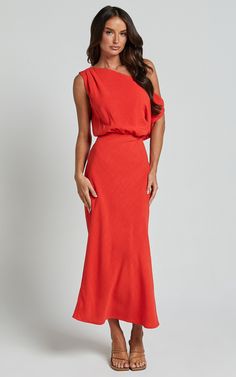 Jacqueline Midi Dress - Linen Look One Shoulder Dress in Sunset | Showpo USA Chic Midi Dress With Asymmetrical Neckline For Wedding Guest, Elegant One Shoulder Dress For Spring Wedding, Chic Asymmetrical Neckline Dress For Wedding Guest, Chic Asymmetrical Dress For Wedding Guest, Spring Evening Dress With Asymmetrical Neckline For Wedding Guest, Elegant One-shoulder Dress With Asymmetrical Neckline For Wedding Guest, Elegant One-shoulder Dress For Wedding Guest, Ruched Asymmetrical One Shoulder Top For Party, Elegant One-shoulder Wedding Guest Dress