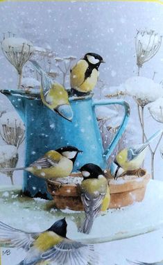 a painting of birds on a plate with a pitcher and flowers in the snow behind it