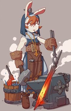 Spiderman Dnd, Blacksmith Anime, Dnd Bunnyfolk, Blacksmith Pose, Blacksmith Outfit, Inventor Character Design, Dnd Blacksmith, Dnd Bunny Oc, Blacksmith Character