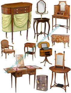 an assortment of antique furniture and mirrors