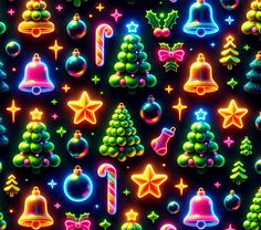 colorful christmas lights and decorations on a black background with stars, bells, and baubles