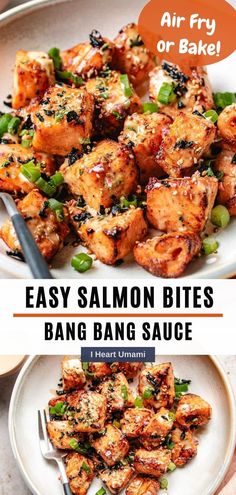 two plates with food on them and the words easy salmon bites bang sauce above it