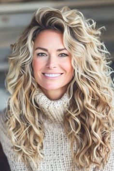 Long Permed Hair With Bangs, Blonde Spiral Perm, Curly Long Layered Haircuts, Long Shags For Curly Hair, Perm Women Long Hair, Curly Hairstyle 2024, Layered Permed Hair Medium, Long Blonde Curled Hair, Big Crimped Hair Waves