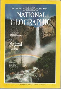 the front cover of national geographic magazine, featuring a waterfall and rainbow in the background