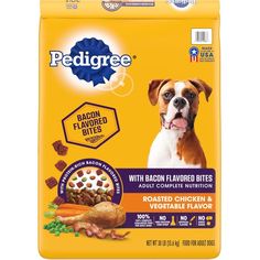 pedigree dog food with bacon flavored bites, chicken and veggies