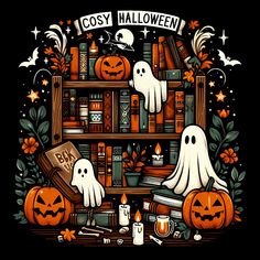 halloween bookshelf with ghost and pumpkins in the middle, surrounded by candles