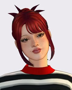 a woman with red hair wearing a black and white striped shirt