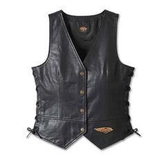 Harley Davidson 120 Years Womens Laced Side Leather Vest | LeatherJacketGear.com Anniversary Branding, Moto Wear, Motorcycle Leather Vest, Harley Davidson Vest, Leather Riding Jacket, Vestidos Jeans, Harley Davidson Logo, Harley Davidson Jacket, New Harley Davidson