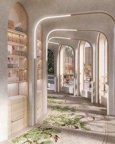 an artist's rendering of the inside of a building with arches and plants on the floor