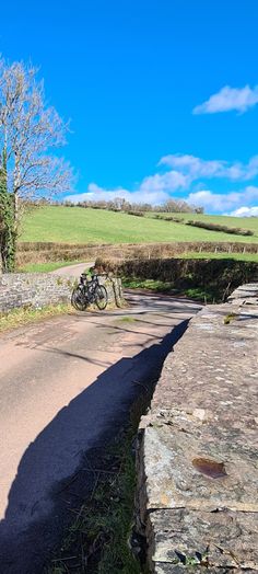 a bike parked on the side of a road next to a stone wall and trees