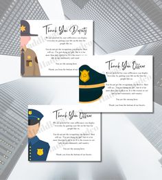 two police thank cards with the words thank you officer and an image of a man in uniform