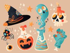 an assortment of halloween items on a beige background