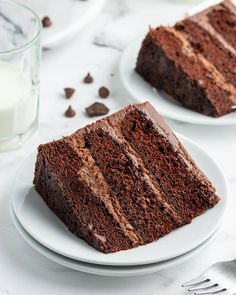 two slices of chocolate cake on white plates with milk and chocolate chips around the edges