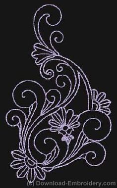 an embroidered design with swirls and flowers in white on black background, suitable for machine embroidery or applique