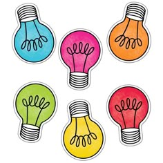 four light bulbs with different colors and designs on them