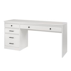 a white desk with three drawers on it