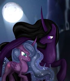 a purple pony with long hair and green eyes standing in front of a full moon