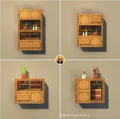 four different views of a wooden cabinet with various items on top and in the bottom