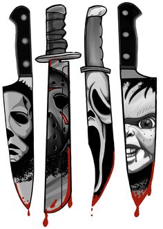 three knifes with faces on them and one has a knife in the other hand