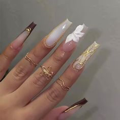 24Pcs Long Coffin False Nails Wearable Ballet Press on Fake Nails with Maple Leaves Design French Light Brown And Gold Nails, Birthday Nails White And Gold, Light Brown Acrylic Nails, Gold Acrylic Nail Designs, White And Brown Nails, Baddie Nails Acrylic, Her Nails, Dope Nail Designs