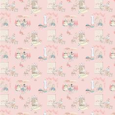 a pink wallpaper with cats and dogs sitting at a dinner table in front of a window