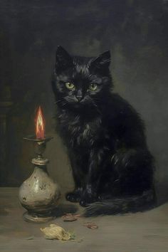 a painting of a black cat sitting next to a lit candle