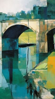 an abstract painting of a bridge over water