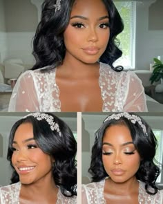 three pictures of a woman wearing a wedding dress and headpiece with flowers in her hair