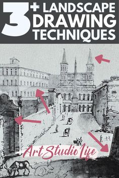 the cover of three landscape drawing techniques for art studio life, with arrows pointing to different locations