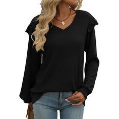 Women Long Sleeve T Shirts Fall V Neck Ruffle Sleeve Tunic Tops for Fall and Winter SHIBEVER Long Sleeve T Shirt Has Comfortable Materials and Ruffle Sleeve, It Can Dressy Perfect All-Purpose Style Clothing for Your Wardrobe. Shibever Fall Long Sleeves Top is Lightweight And Has A Comfortable Fabric That is Comfortable And Wram in Cold Weather. This T Shirt or Top is Specially Designed for You Who Enjoy the Daily Life. Product Details Women Fall T Shirts V Neck Long Sleeve Tunic Tops Clothing fo Fall V-neck Ruffled Tops, Solid Color Ruffle Sleeve Tops For Fall, Fall Ruffle Sleeve Tops In Solid Color, Black Ruffle Sleeve Blouse For Fall, Black Ruffle Sleeve Tops For Fall, Fall Ruffled V-neck Tops, Fall Solid Top With Ruffles, Solid Ruffled Tops For Fall, Casual Black Blouse With Ruffle Sleeves