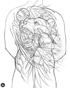 a drawing of a man's torso with an eagle and bear on the side