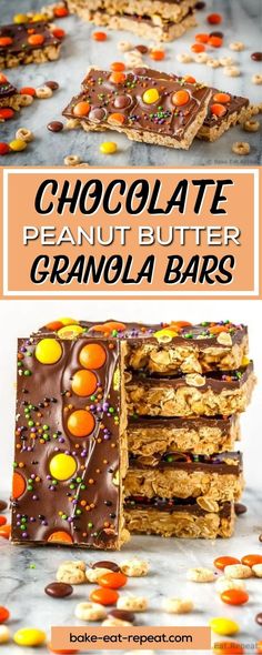 chocolate peanut butter granola bars stacked on top of each other with candy candies