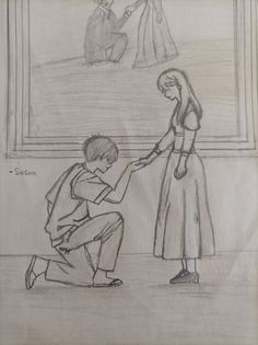 a drawing of a man kneeling down next to a woman holding the hand of a child