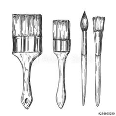 three different types of paintbrushes and one is drawn in black ink on a white background