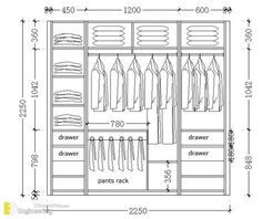 a drawing of a closet with clothes hanging on the door and shelves in front of it