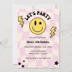 a pink and yellow birthday party card with a smiley face on the front, lightning bolt in the background