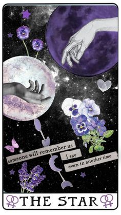 the star tarot card with purple flowers and two hands reaching out to each other