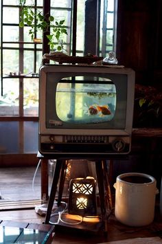 an old tv sitting on top of a wooden stand next to a potted plant