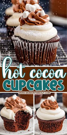 chocolate cupcakes with frosting on top and topped with marshmallows