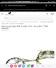 an image of a web page with lights on the wire and text that reads, halo cascade lights twigle 1080l - green wire