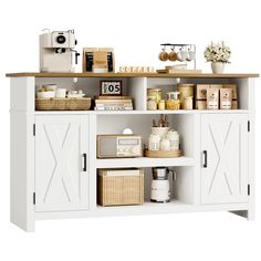 a white shelf with baskets and items on it