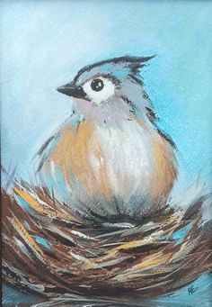 a painting of a bird sitting on top of a nest