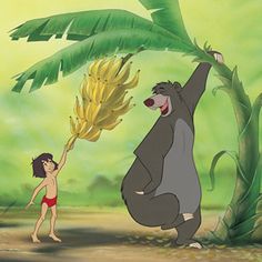 the jungle book character is holding up a banana to an adult standing next to it