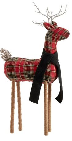 a red and black plaid reindeer decoration with antlers on it's back legs