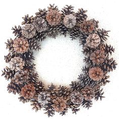 a wreath made out of pine cones on a white background