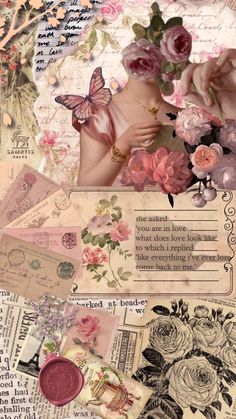 an altered collage with flowers, butterflies and other things in pinks / browns