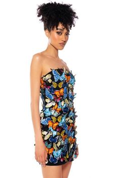 TAKE FLIGHT STRAPLESS BUTTERFLY PATCH MINI DRESS in multi Butterfly Patch, Princess Seam, Be Free, Flight, Halloween Costumes, Mesh, Mini Dress, Halloween, Dresses