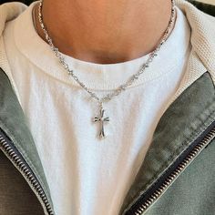 Y2k Grunge Chrome Color Silver Cross Pendant Necklace These Chains Are Unisex :)! Stainless Steel Chain Brand New Chains For Men Aesthetic, Silver Necklace Men’s, Guys Wearing Jewelry, Chain Styles Men, Cool Chains Necklaces Men, Cross Jewelry Men, Mens Chains Aesthetic, Men’s Streat Wear, Men Aesthetic Jewelry